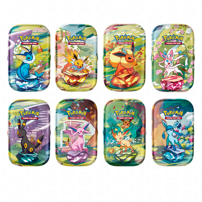 Display 8 Mini Latas Evoluciones Prismáticas en Español